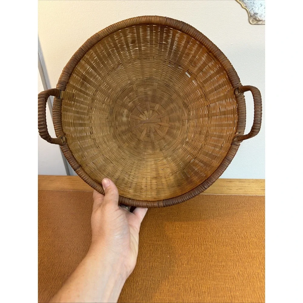 Vintage Round Natural Brown Wood Woven Wicker 2 Handles Basket 12